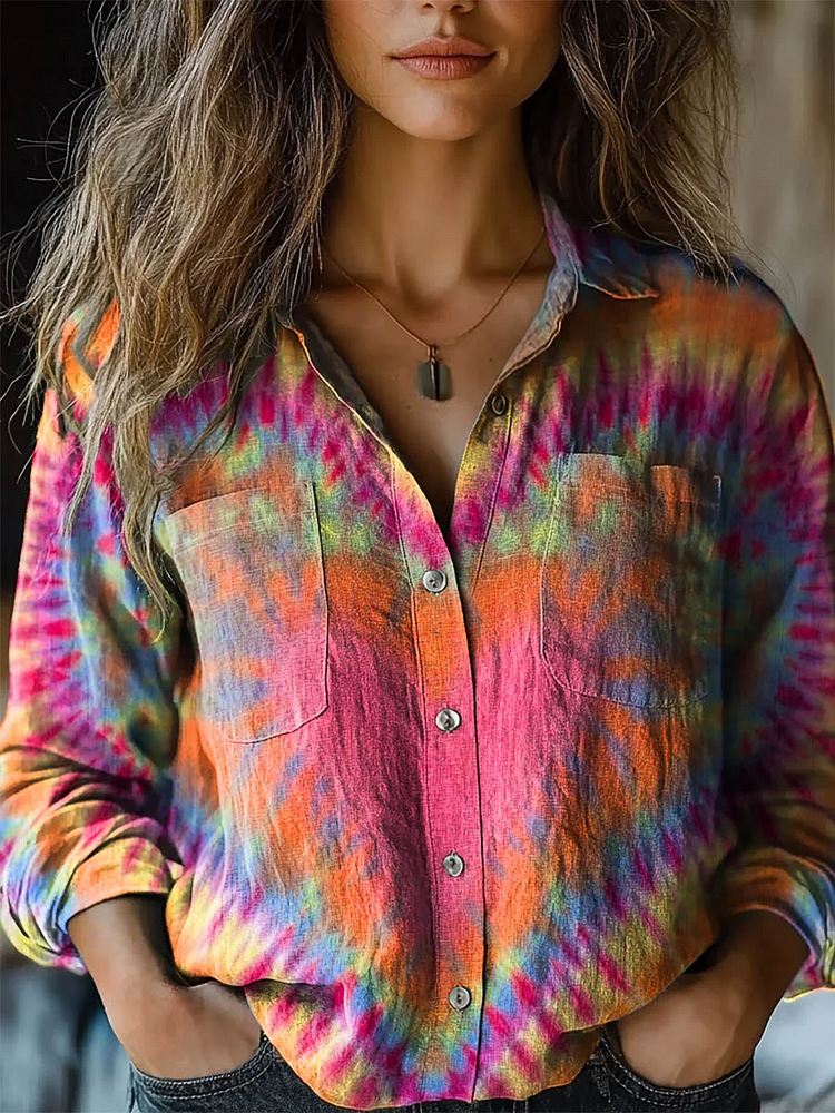 Chemise Femme Confortable en Coton à Manches Longues avec Imprimé Cœur Tie-Dye Coloré