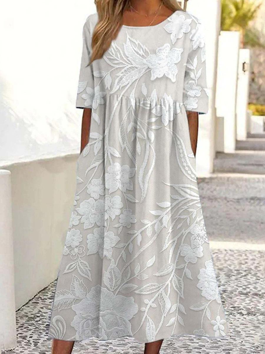 Robe midi basique à col rond et manches courtes