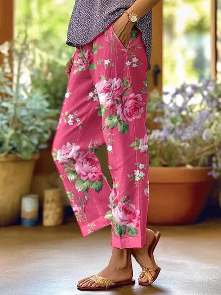 Pantalon Femme Loose à Motif Floral Rose (Avec Poches)