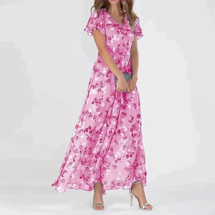 Marit | Robe longue élégante à col en V et motif floral