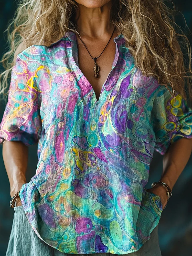 Chemise confortable en coton et lin à manches longues pour femmes, aquarelle Ocean Shell Fluid Art