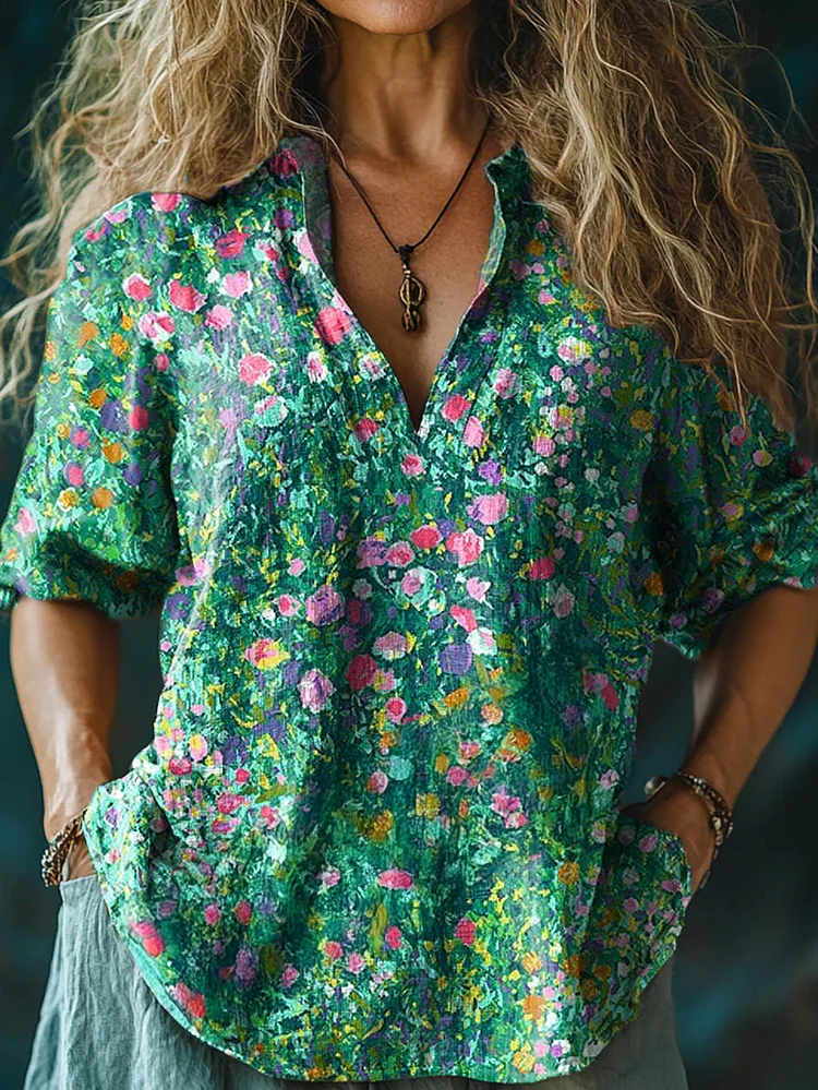 Chemise confortable en coton et lin à manches longues pour femmes, motif d'embellissement Floral artistique