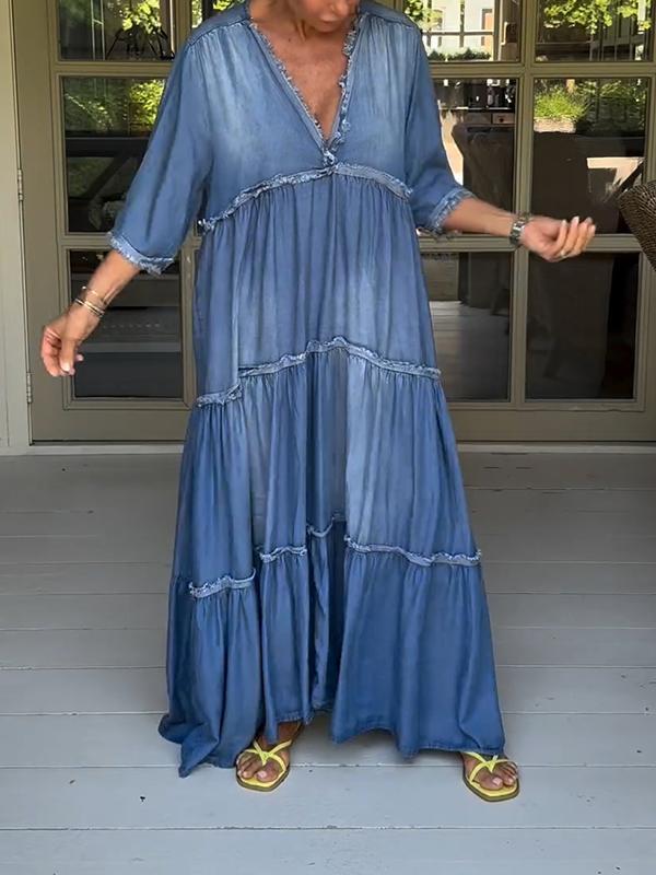 Robe longue bleue en denim unie à manches 3/4