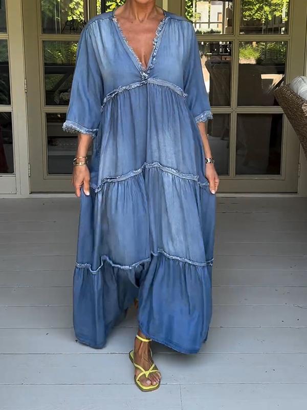 Robe longue bleue en denim unie à manches 3/4