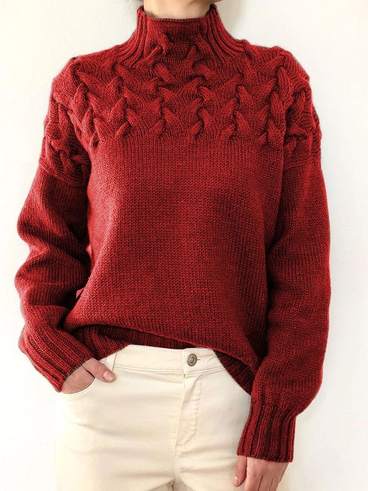 Violet | Pull tricoté à col montant et motif en grosse maille