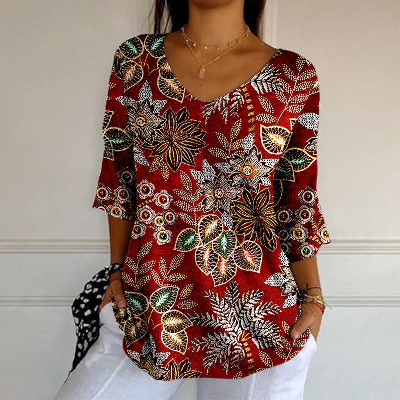 Lucie™ | T-Shirt Longues Manches Imprimé Feuilles Vintage