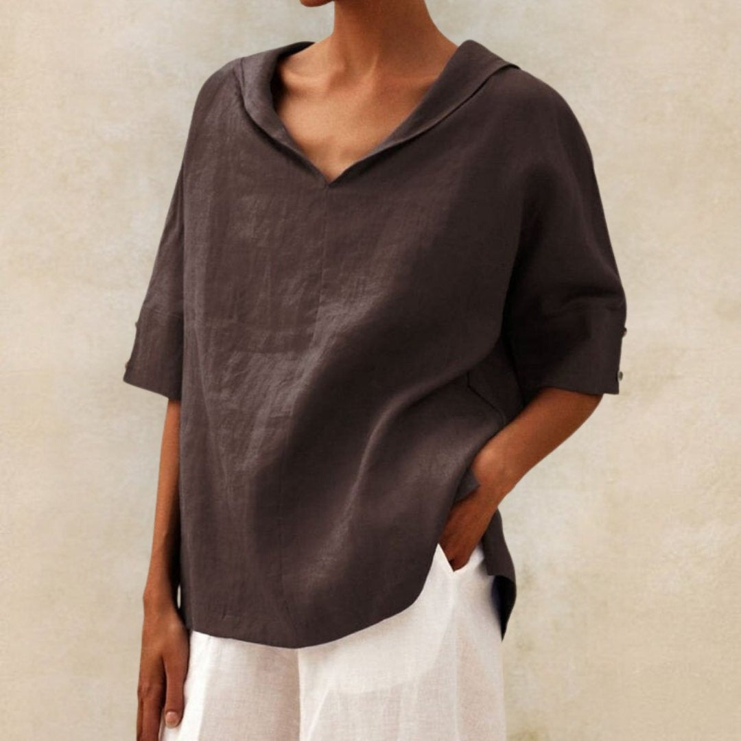 Michal - Chemise décontractée en lin à col en V pour femme