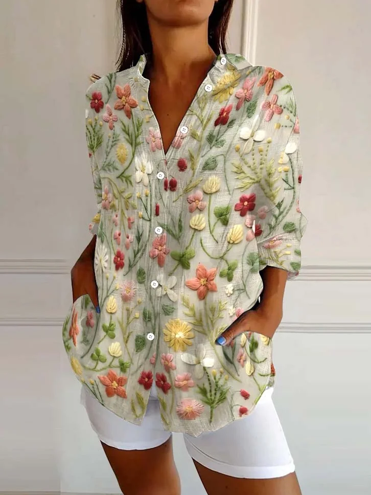 Chemise de rue en mélange de lin à motif floral brodé pour femme