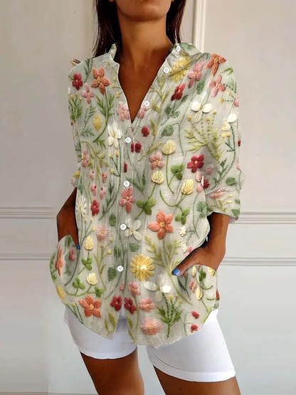 Chemise de rue en mélange de lin à motif floral brodé pour femme