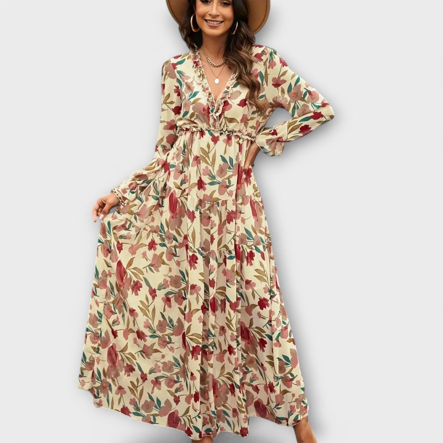 Elle | Robe longue fleurie à col en V