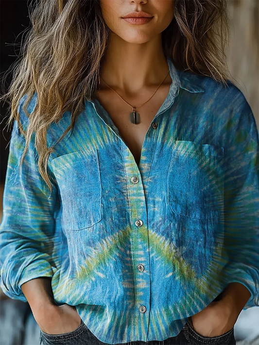 Chemise en coton confortable à manches longues pour femmes, motif Tie Dye imprimé, décontracté