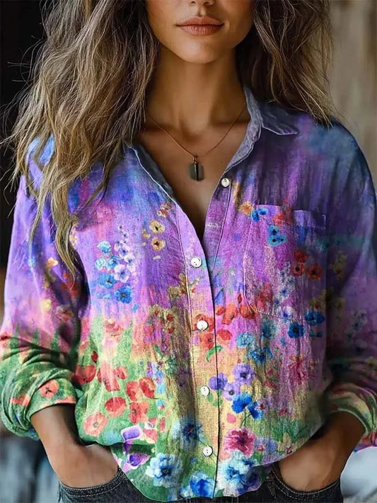 Chemise décontractée en coton et lin à imprimé Floral Vintage Colorflu pour femmes