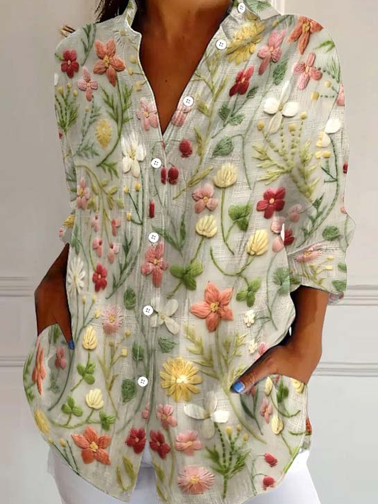 Chemise de rue en mélange de lin à motif floral brodé pour femme