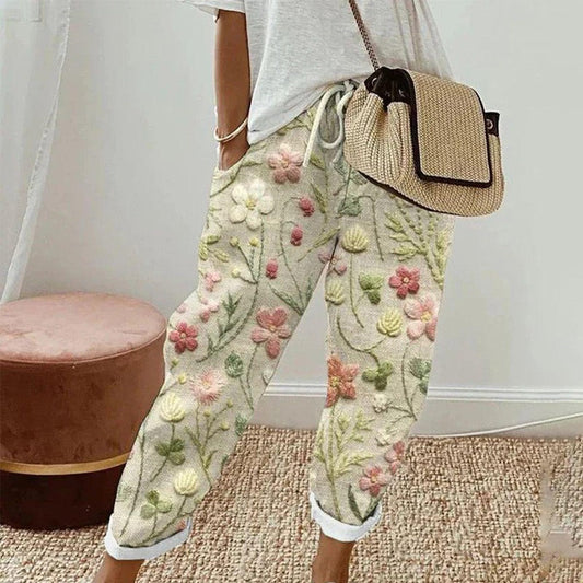 Pantalon à poche latérale imprimé plantes fraîches