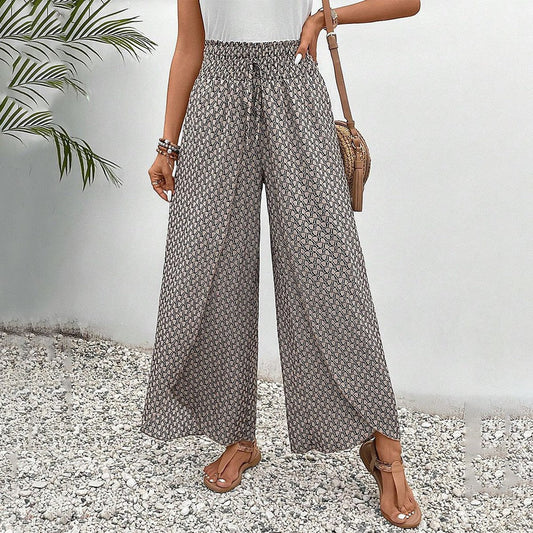 Pantalon marron imprimé à taille élastique avec cordon de serrage
