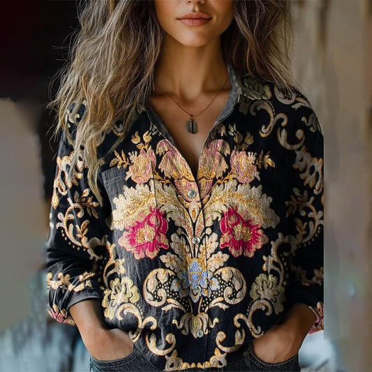 Superbe chemise à manches longues à imprimé floral et col