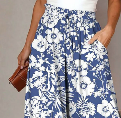 Pantalon taille élastique bleu frais à imprimé floral