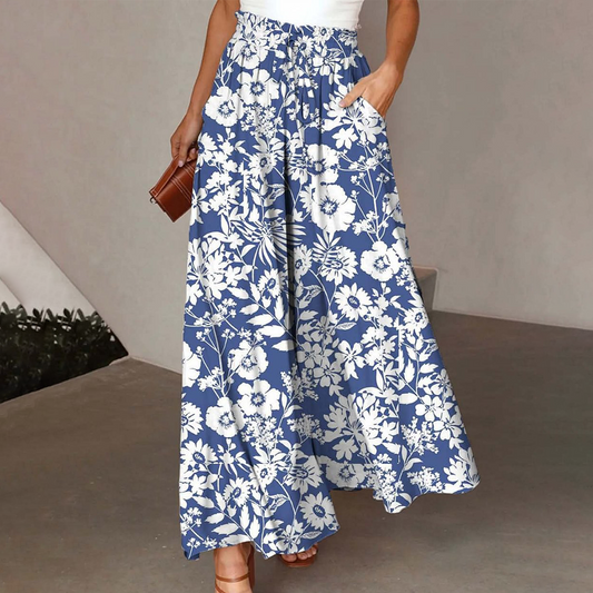 Pantalon taille élastique bleu frais à imprimé floral