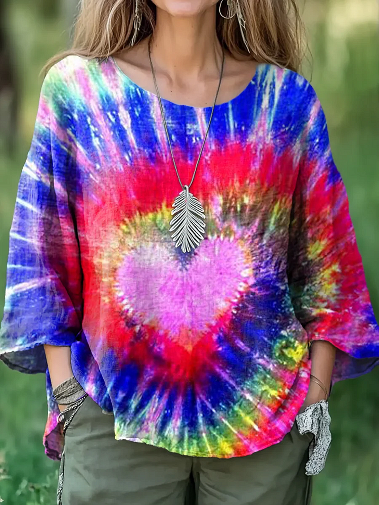 Chemise décontractée en coton et lin pour femmes, teinture par nouage colorée, imprimé cœur d'amour