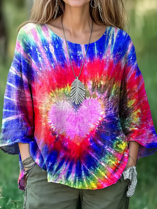 Chemise décontractée en coton et lin pour femmes, teinture par nouage colorée, imprimé cœur d'amour