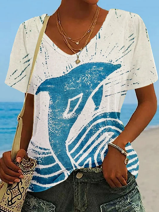 T-shirt à col rond avec motif artistique de dauphin pour femmes