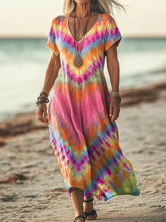 Robe en coton rétro colorée pour femmes, motif de teinture par nouage, avec poches imprimées