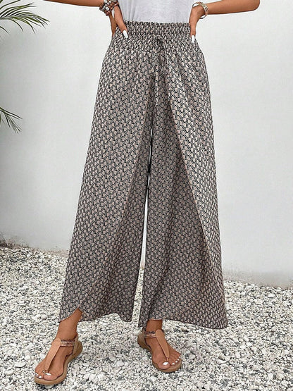 Pantalon marron imprimé à taille élastique avec cordon de serrage