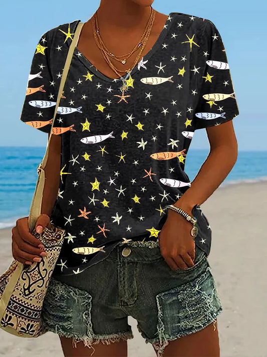 T-shirt Femme à Col en V avec Motifs Marins