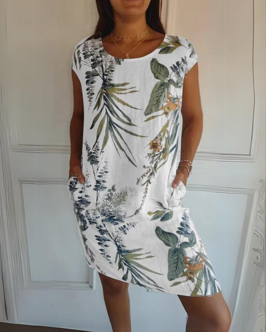 GINA - COTTON AND LINEN ROUND NECK PRINTED DRESS