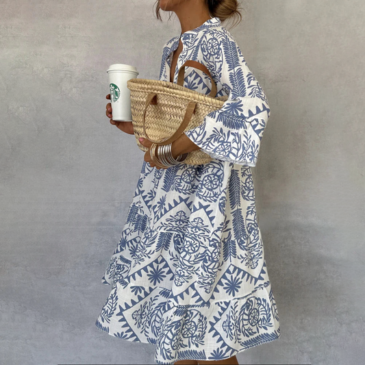 Gia Mini-robe bleue à col en V et manches 3/4
