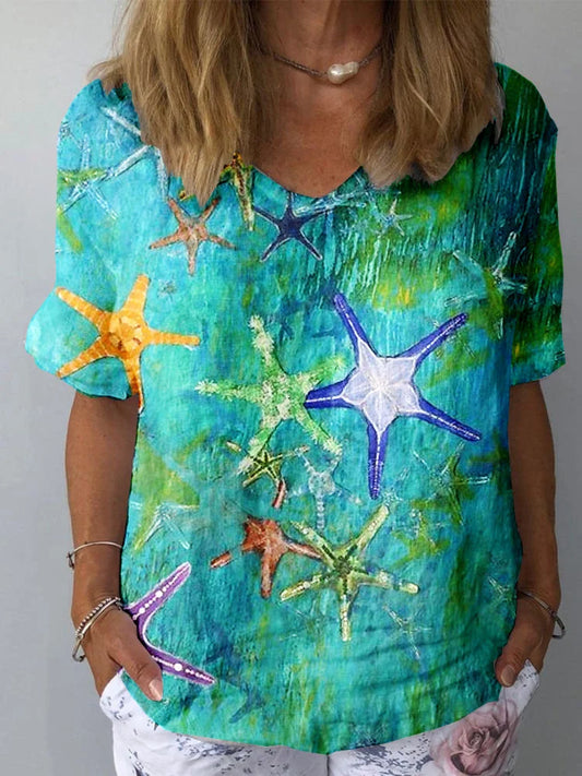 Haut à manches courtes en coton et lin à motif d'étoile de mer sous-marin vintage pour femmes