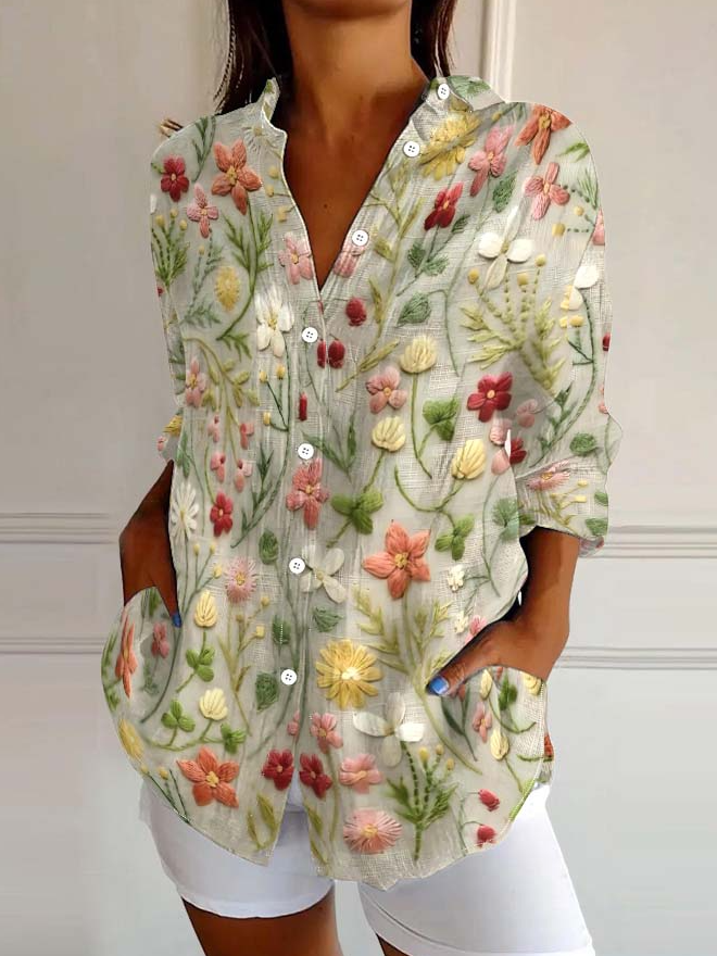Chemise de rue en mélange de lin à motif floral brodé pour femme