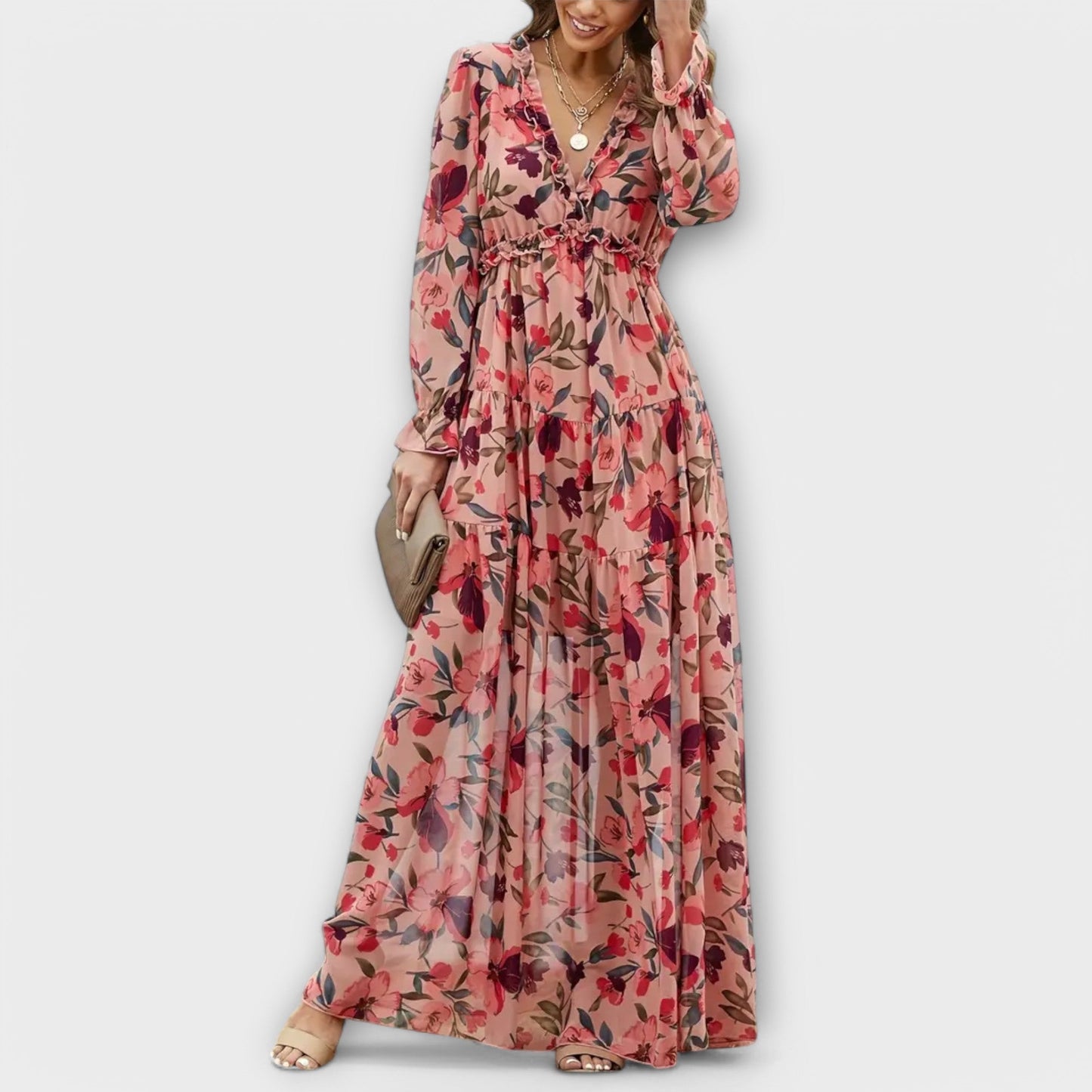 Elle | Robe longue fleurie à col en V
