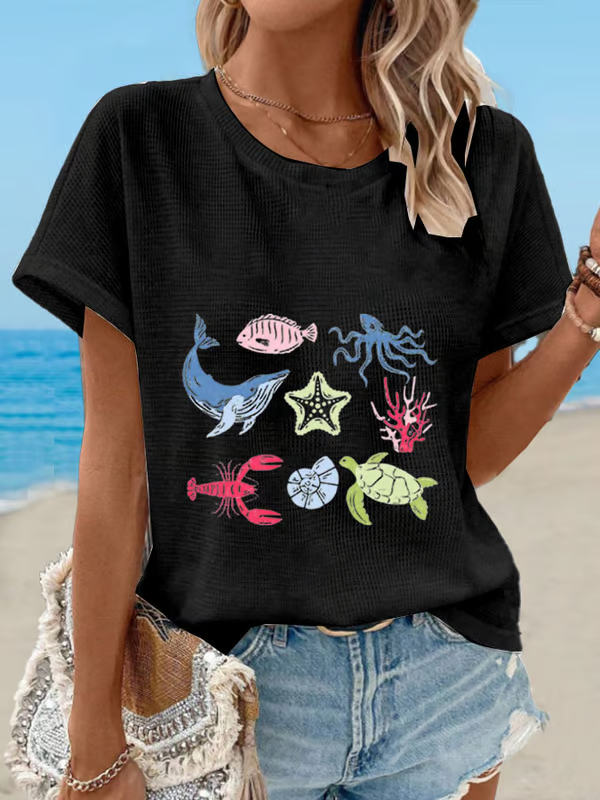 T-shirt à col rond à motif du monde sous-marin pour femmes