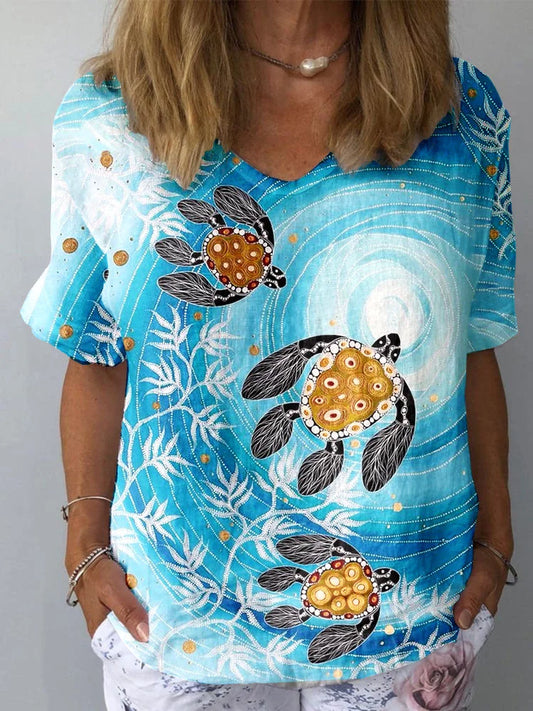 Haut à manches courtes en coton et lin pour femmes, dégradé de bleu, tortue du monde sous-marin