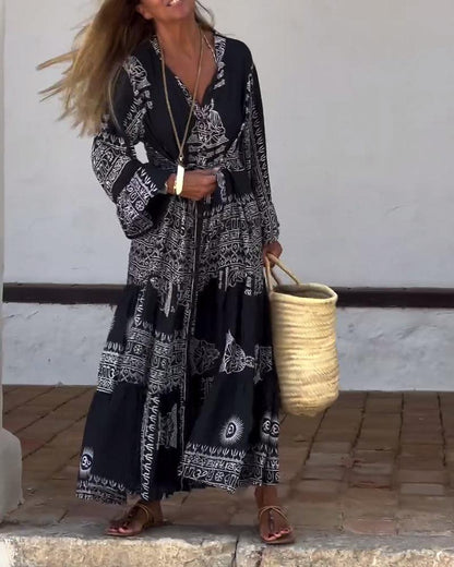 Robe longue tendance à col en V et manches cloche