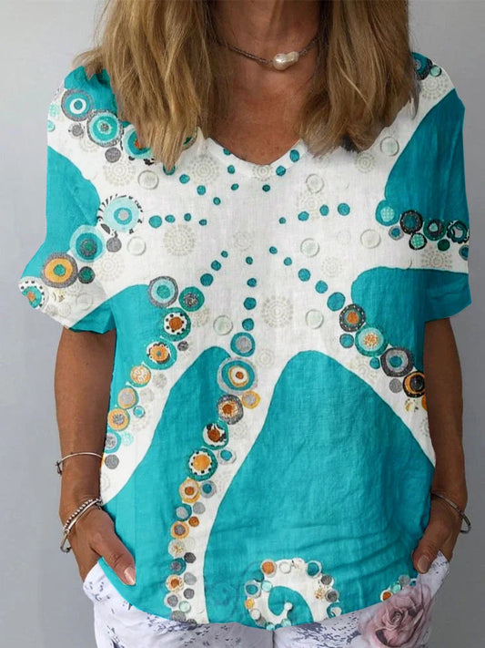 Haut Femme en Coton et Lin à Motif Étoile de Mer et Art Géométrique Sous-Marin