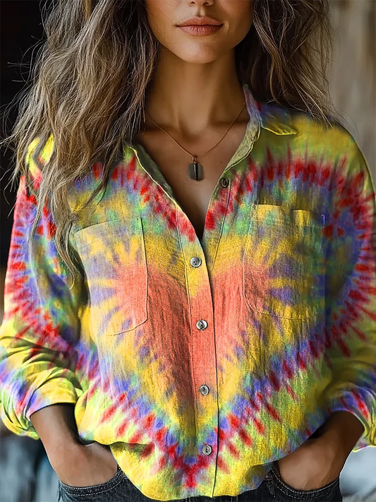 Chemise Femme Confortable en Coton à Manches Longues avec Imprimé Cœur Tie-Dye Coloré