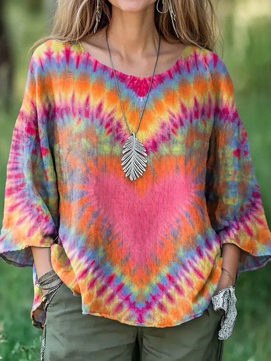Chemise décontractée en coton et lin pour femmes, teinture par nouage colorée, imprimé cœur d'amour