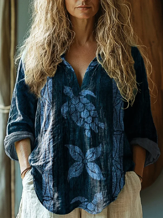 T-shirt Femme à Col Rond en Coton avec Imprimé Artistique de Tortue