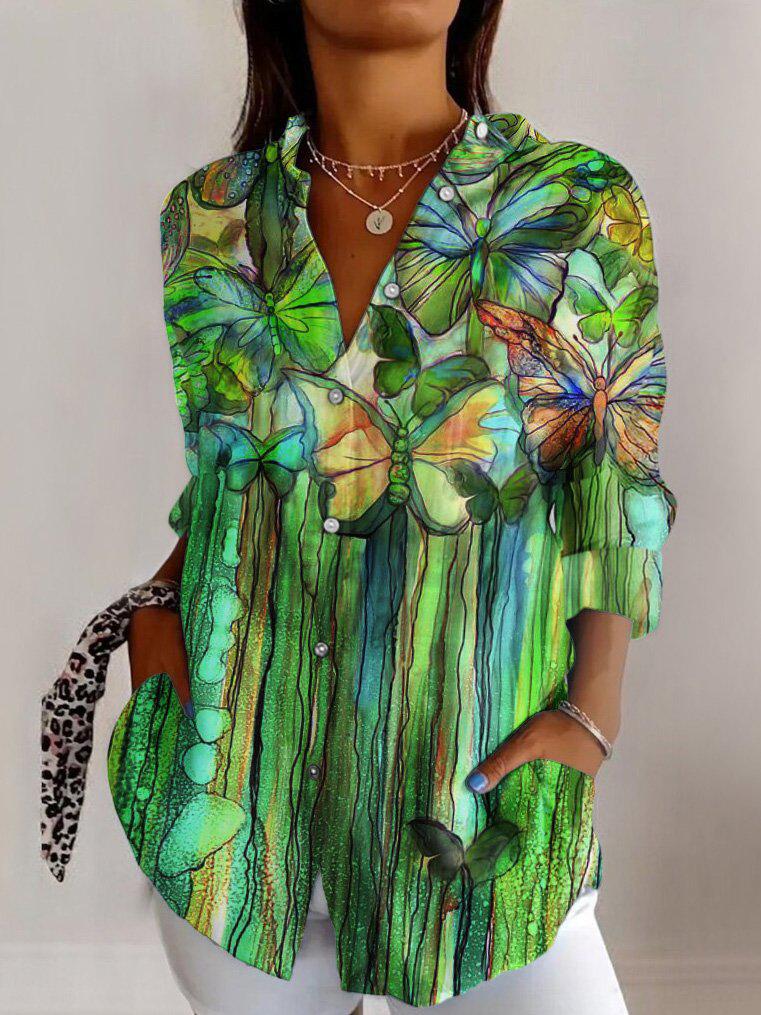 Chemise verte à manches longues et col avec poche latérale