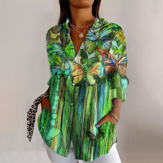 Chemise verte à manches longues et col avec poche latérale