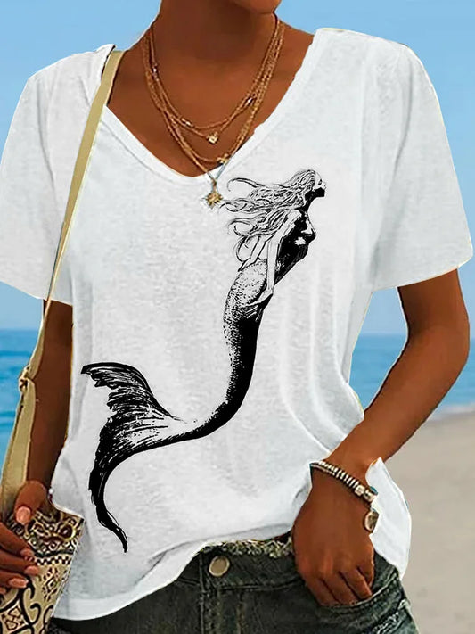T-shirt à col en V à motif de croquis de sirène pour femmes
