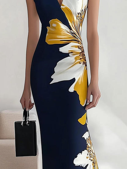 Robe longue élégante sans manches à imprimé floral