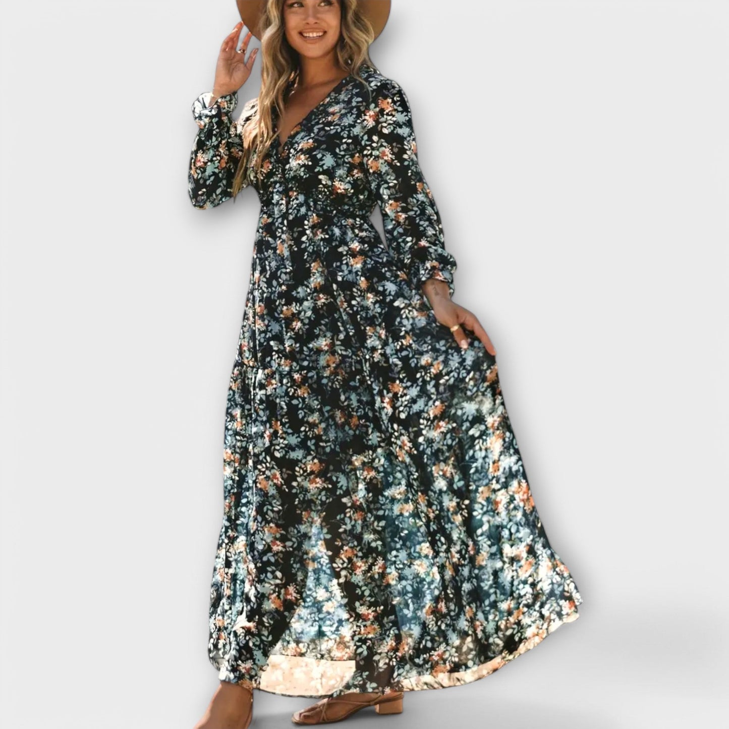 Elle | Robe longue fleurie à col en V