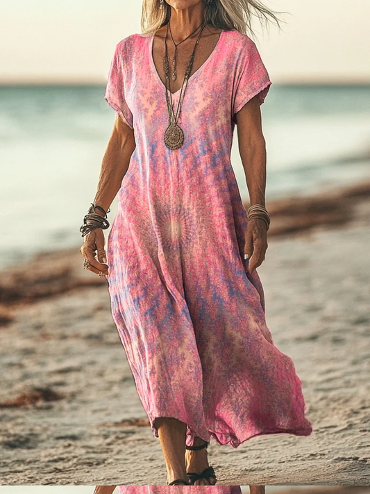 Robe Femme en Coton avec Imprimé Floral et Tie-Dye, Poches