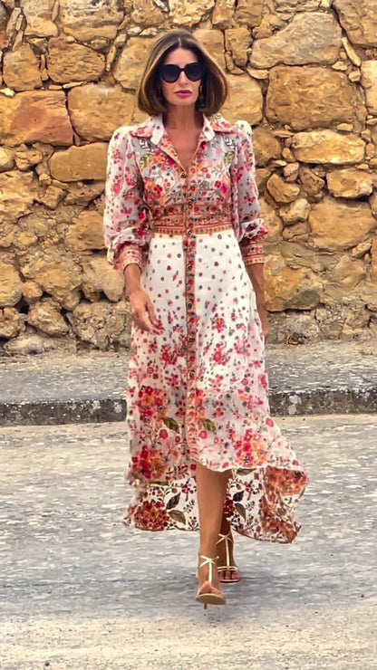 Robe longue élégante à col imprimé floral