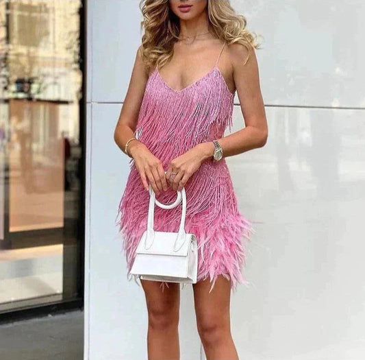 JOYCÈLE - ROBE DE SOIRÉE MODERNE À PLUMES