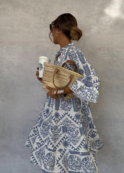 Gia Mini-robe bleue à col en V et manches 3/4