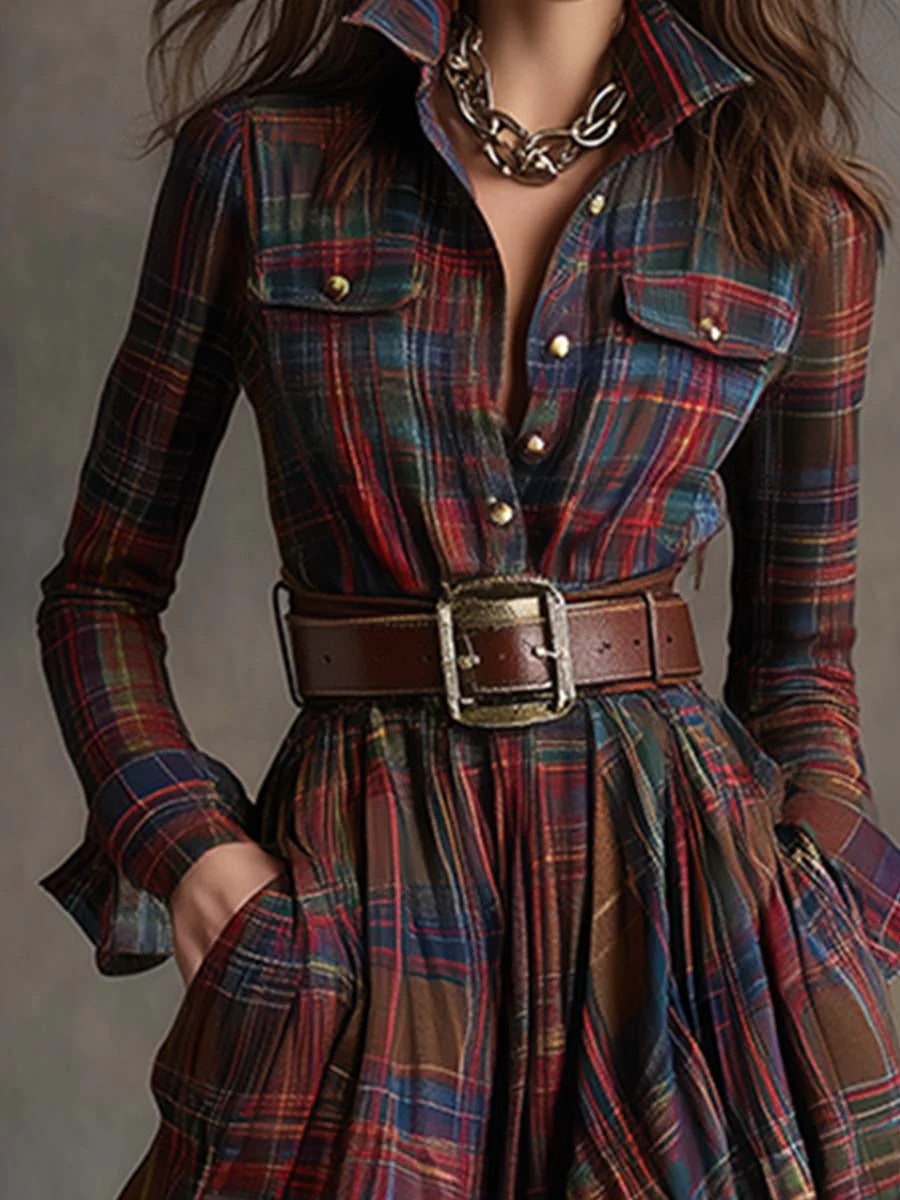 Béatrice- Robe longue à carreaux avec ceinture